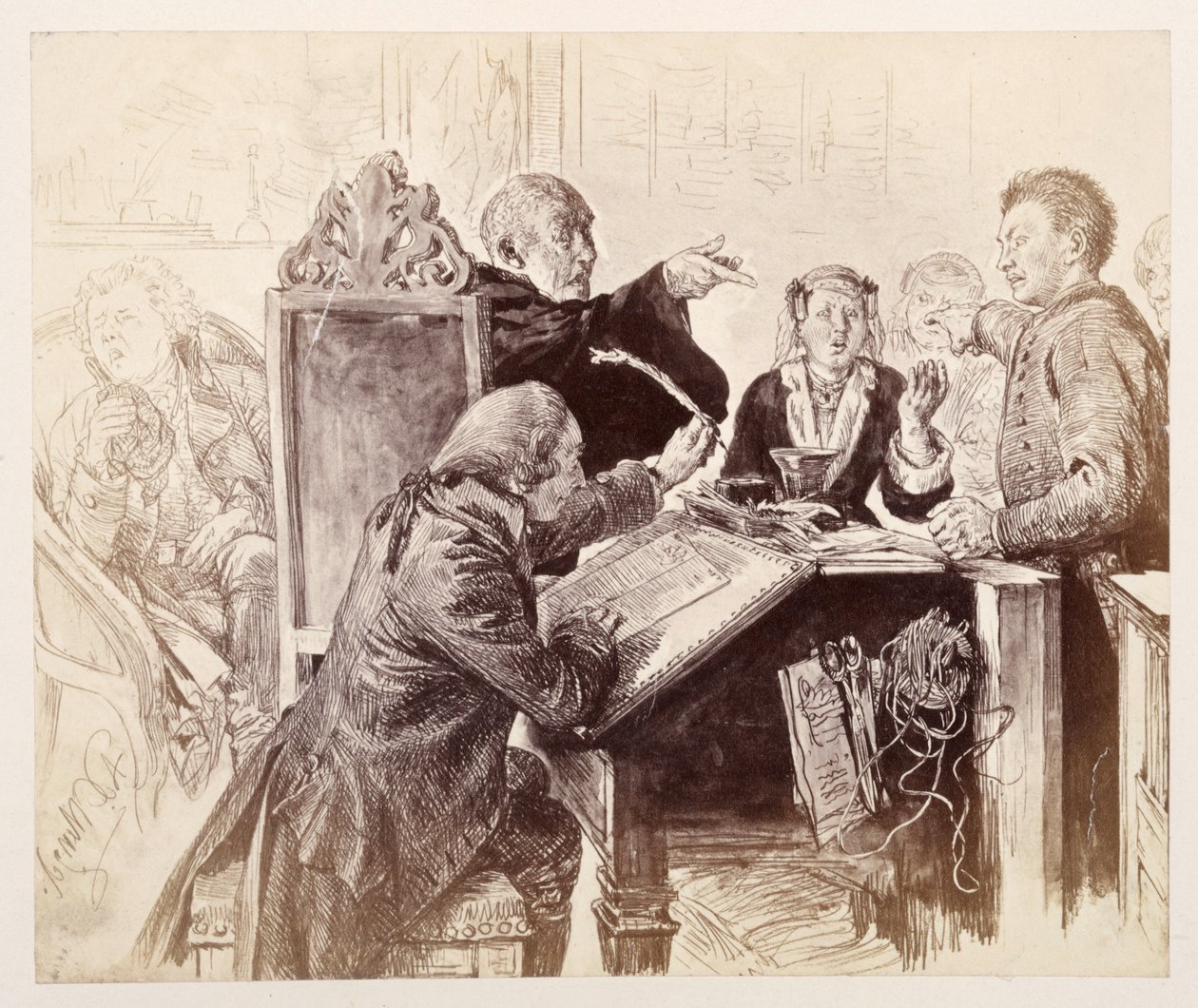 Durante o julgamento, Adam fala com Veit; à frente, o escrivão Licht está sentado a molhar a pena; à direita, ao fundo, o conselheiro judicial, prestes a espirrar, em «O jarro partido», de Heinrich von Kleist de Adolph Menzel