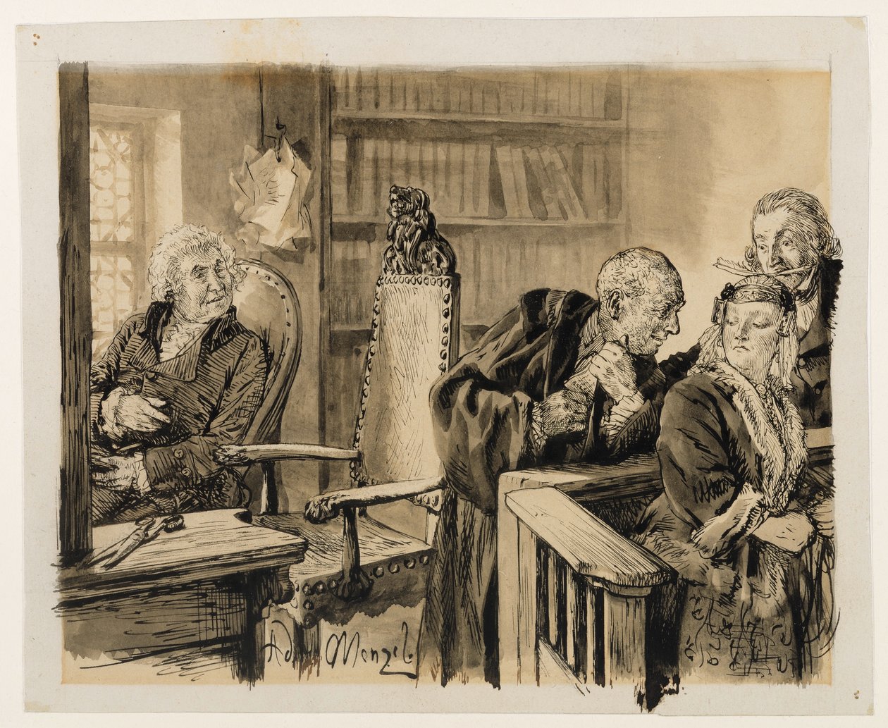 Adão fala em segredo com Eva. Licht está a ouvir. O juiz convoca Adão de volta ao banco dos juízes. De Heinrich von Kleist, «O jarro partido» de Adolph Menzel