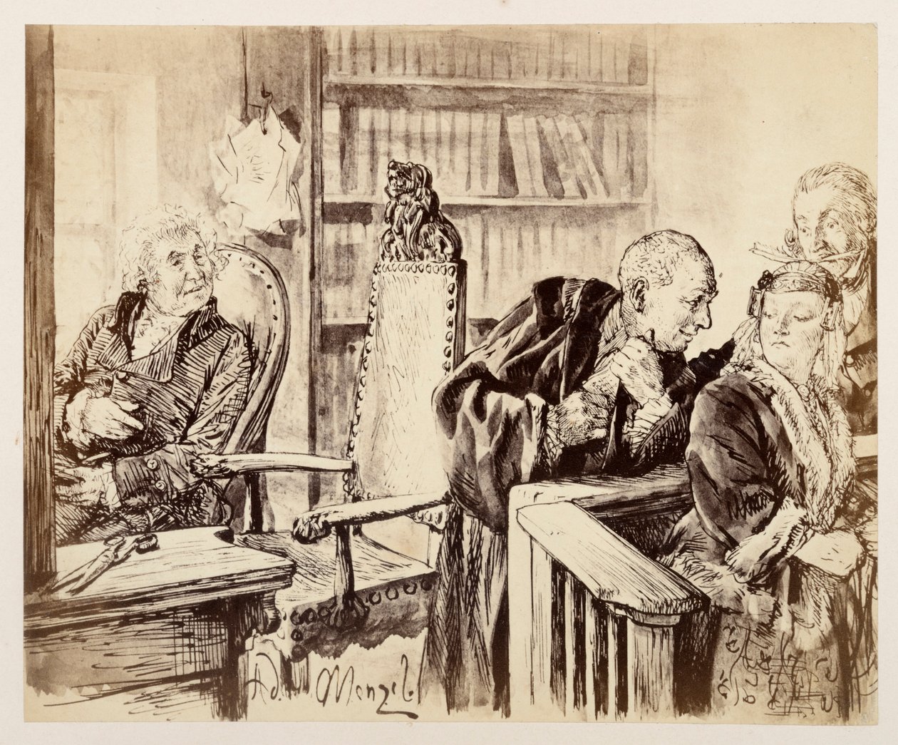 Adam fala em segredo com Eve. Licht escuta. O conselheiro judicial chama Adam de volta à cadeira do juiz, para «O cântaro quebrado» de Heinrich von Kleist de Adolph Menzel