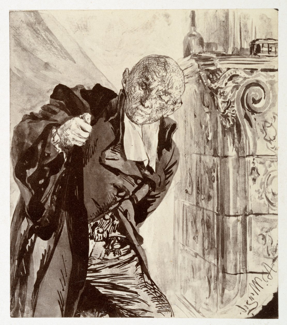 Adam, de pé à direita de um fogão de azulejos, veste a sua toga de juiz, em referência a «O jarro partido», de Heinrich von Kleist de Adolph Menzel