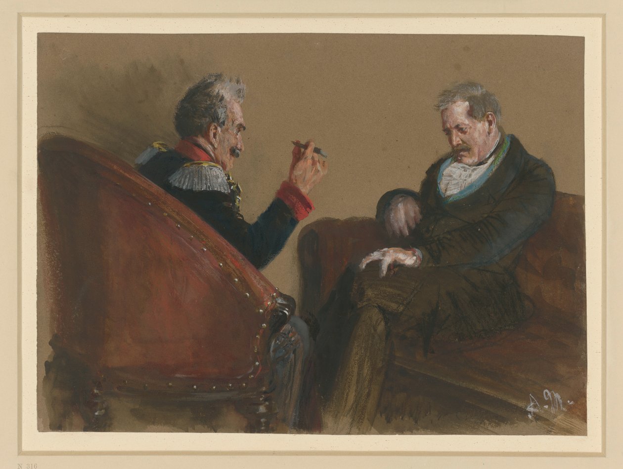 Um oficial mais velho e um civil sentados frente a frente, a conversar de Adolph Menzel