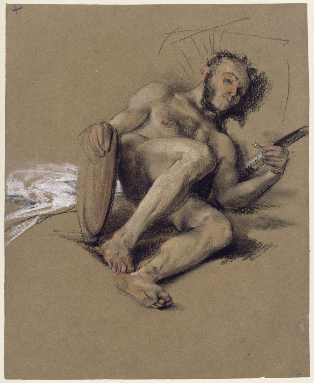 Estudo de nu: homem barbudo deitado no chão, do lado esquerdo, com espada e escudo nas mãos; estudo para a saudação por ocasião da maioridade do príncipe herdeiro, em 1850 de Adolph Menzel