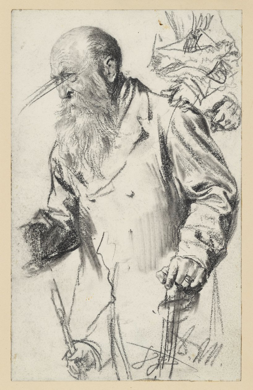 Homem idoso, barbudo, com uma saia, em Stock; alguns detalhes repetidos de Adolph Menzel