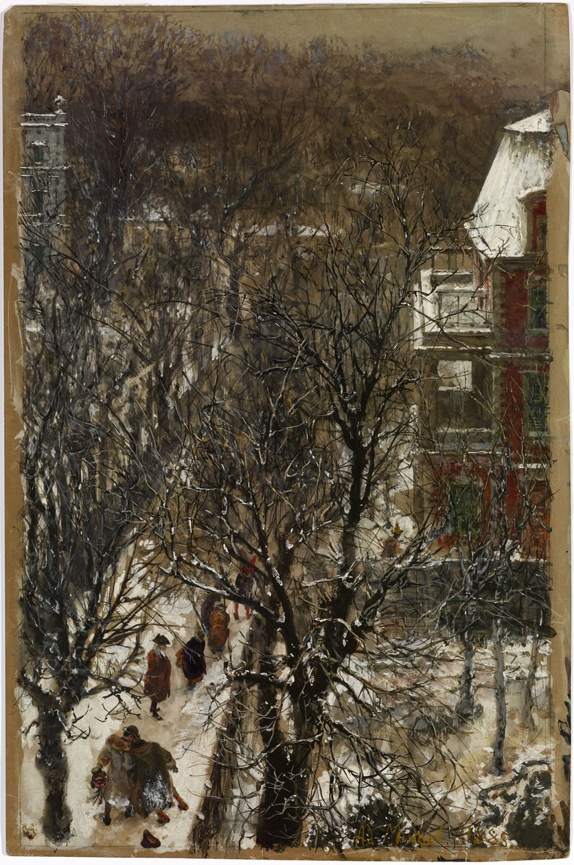 Quarta-feira de Cinzas - Rua após o Carnaval / Manhã de Quarta-feira de Cinzas na Rua Privada Hildebrand, em Berlim de Adolph Menzel