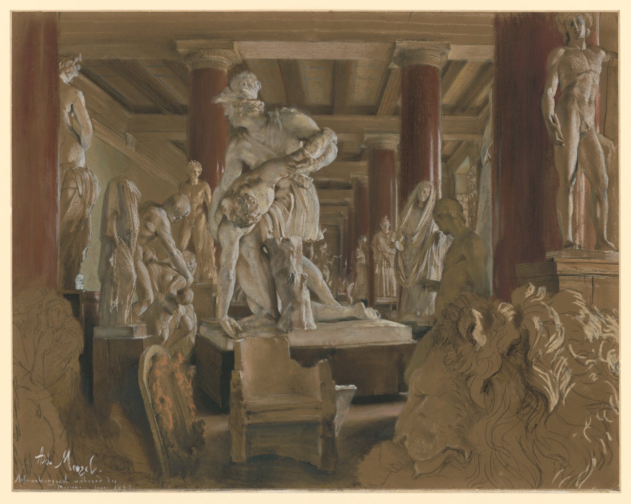 Sala de armazenamento de moldes de gesso durante a construção do novo museu no Altes Museum de Adolph Menzel