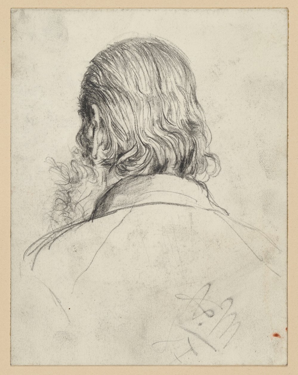 Cabeça barbada com cabelo comprido, vista de trás de Adolph Menzel
