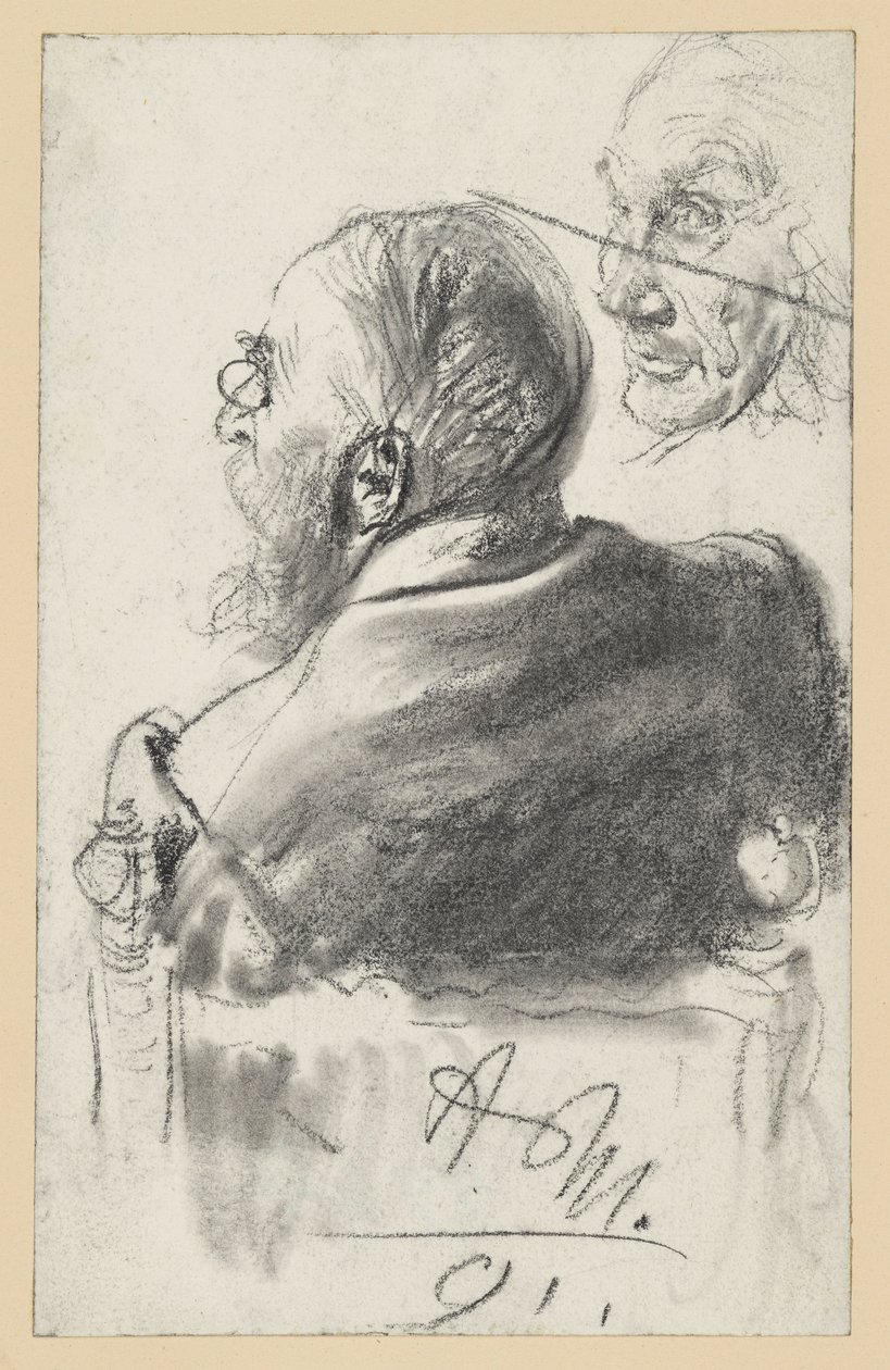 Homem barbudo com pincenê sentado numa poltrona, visto de costas, rosto de um homem idoso de Adolph Menzel