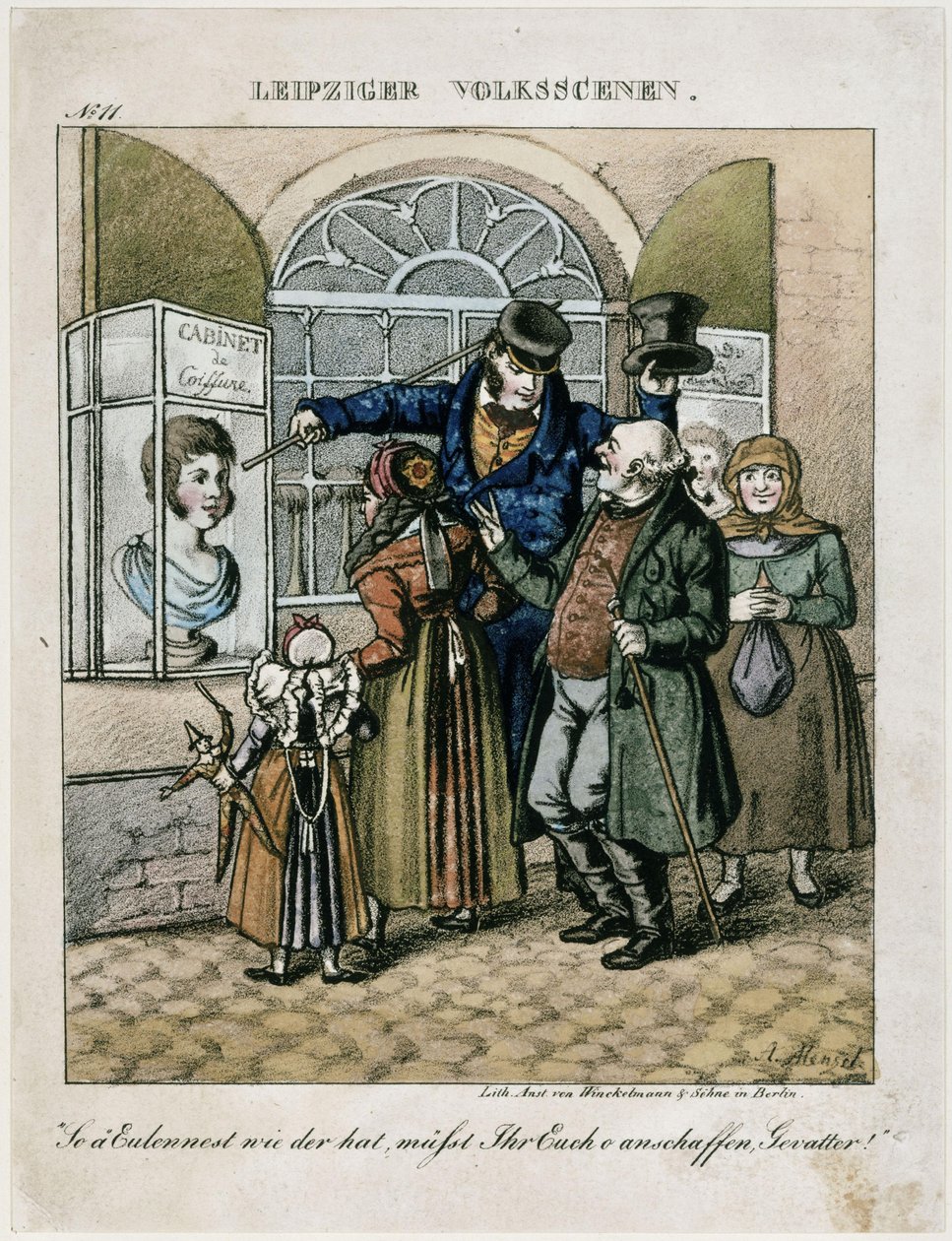 Camponeses diante do busto de cera de um cabeleireiro. De: Cenas populares de Leipzig de Adolph Menzel