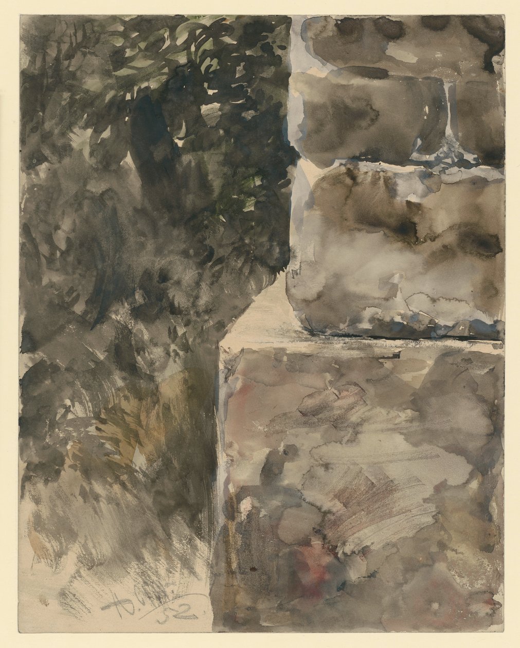 Folhagem de árvore junto ao pedestal de pedra de Adolph Menzel