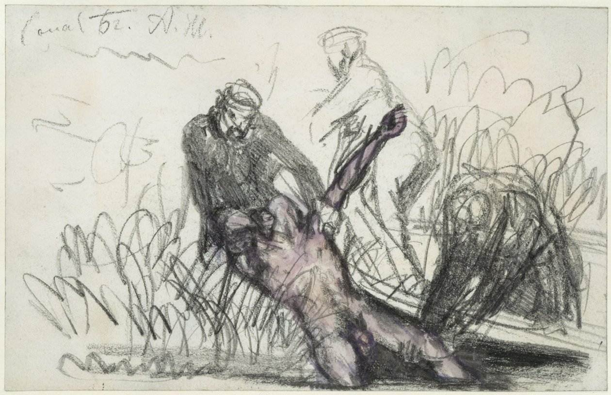 Recuperação de um cadáver de um homem do Canal Landwehr (c) de Adolph Menzel