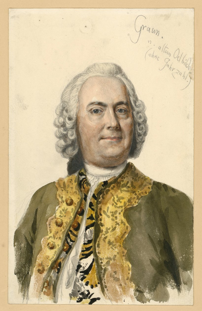 Retrato de Carl Heinrich Graun, compositor da corte de Frederico II, retrato de busto de frente, baseado na pintura de Andreas Möller, com anotações de Adolph Menzel