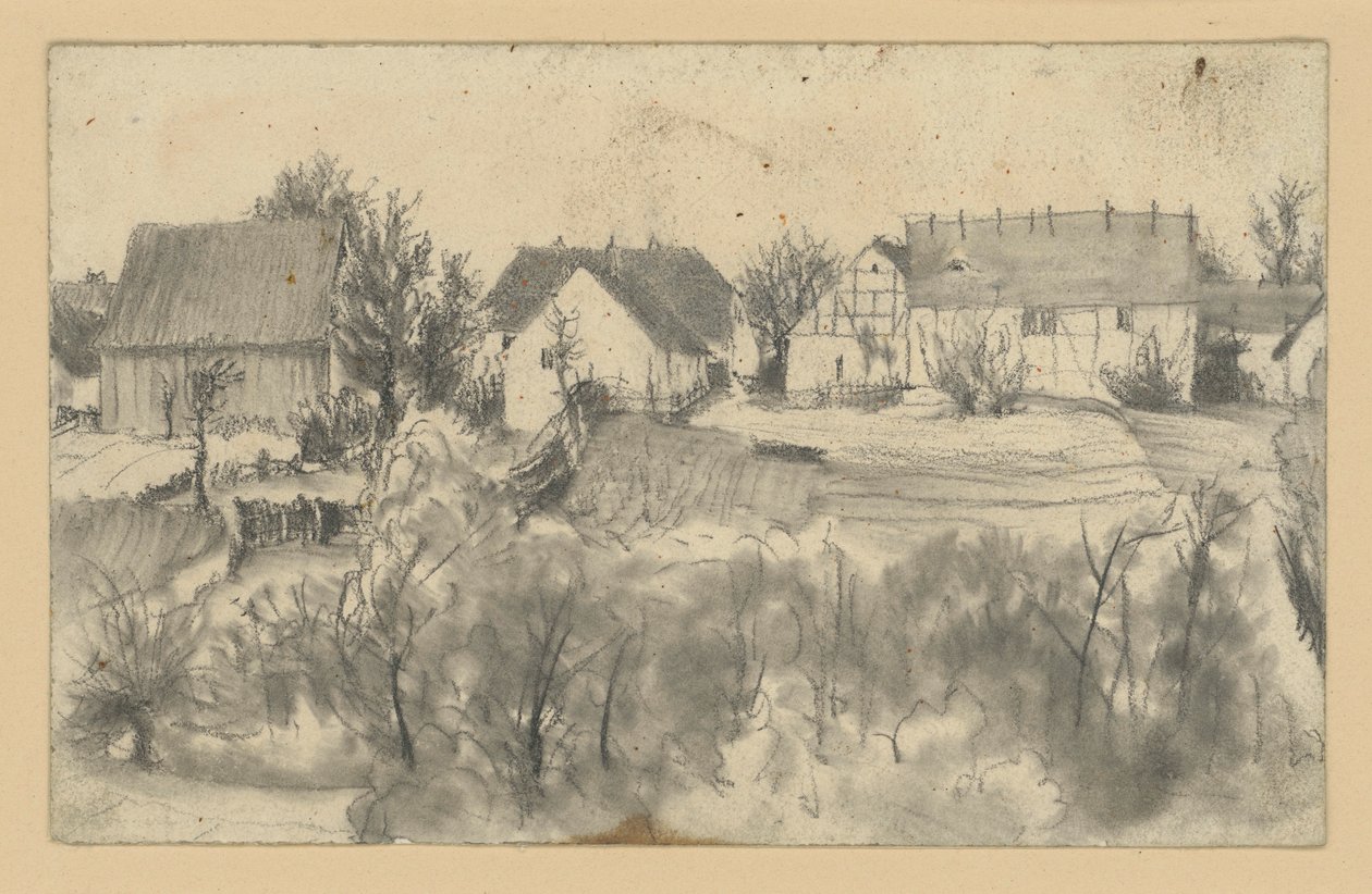 Vista de celeiros e casas de lavoura, com árvores baixas e arbustos em primeiro plano de Adolph Menzel