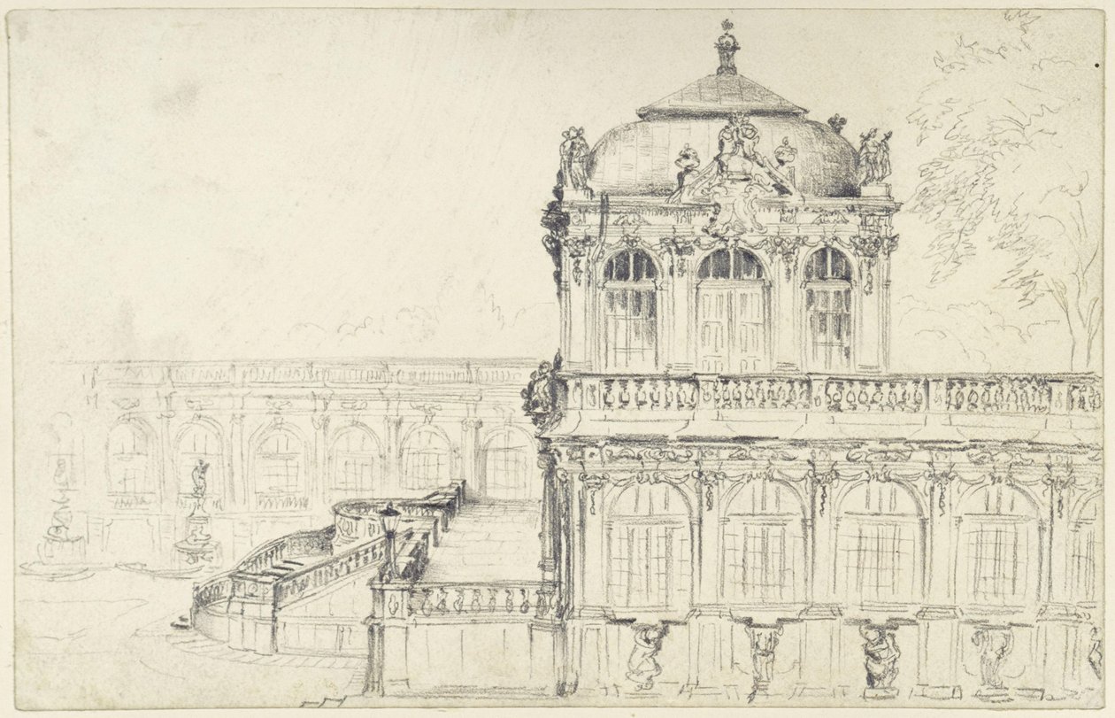 Vista da fachada lateral do Salão de Matemática e Física e da Galeria Longe oriental no Zwinger, em Dresden de Adolph Menzel