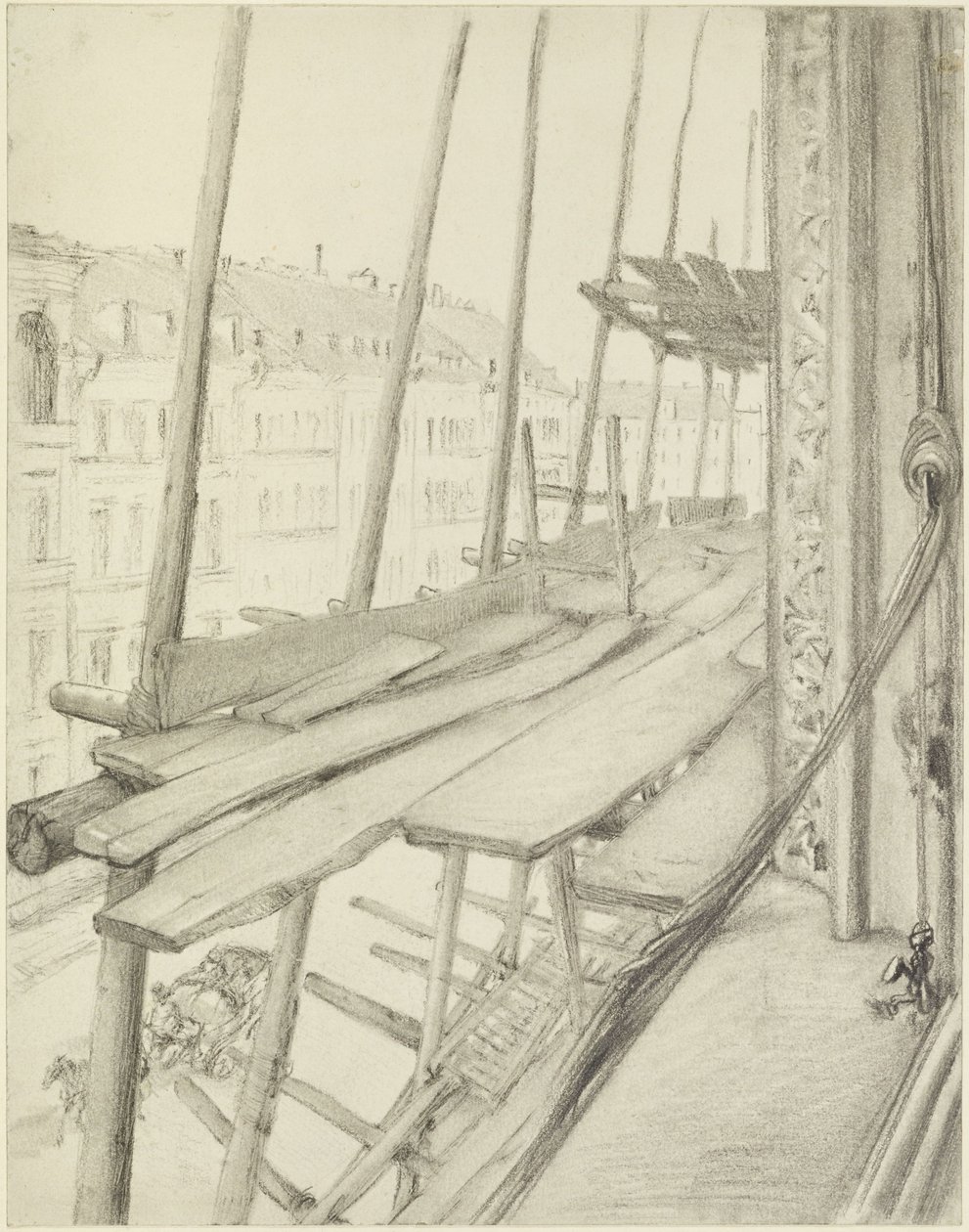 Vista da janela para um andaime e a rua de Adolph Menzel