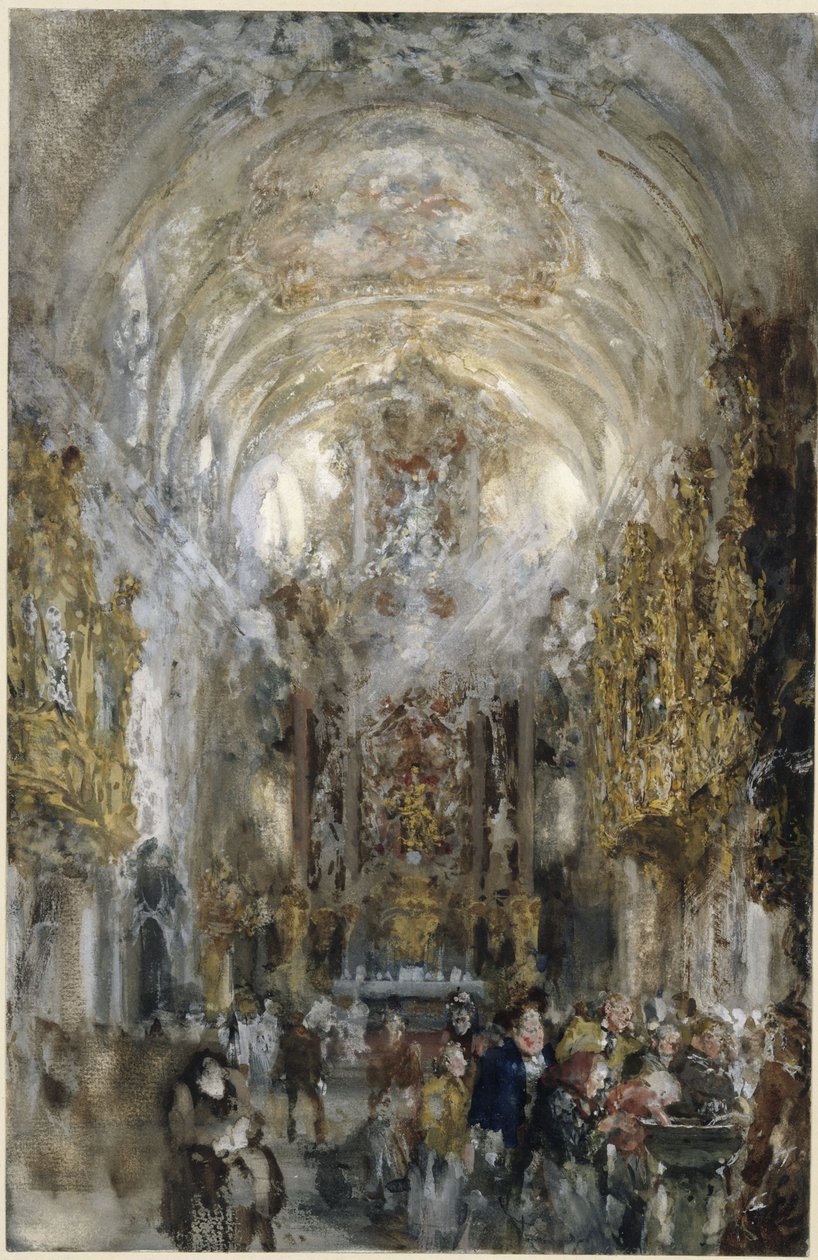 Vista para a igreja colegiada de Nossa Senhora da Antiga Capela em Ratisbona, com pessoas junto à pia de água benta em primeiro plano à direita de Adolph Menzel