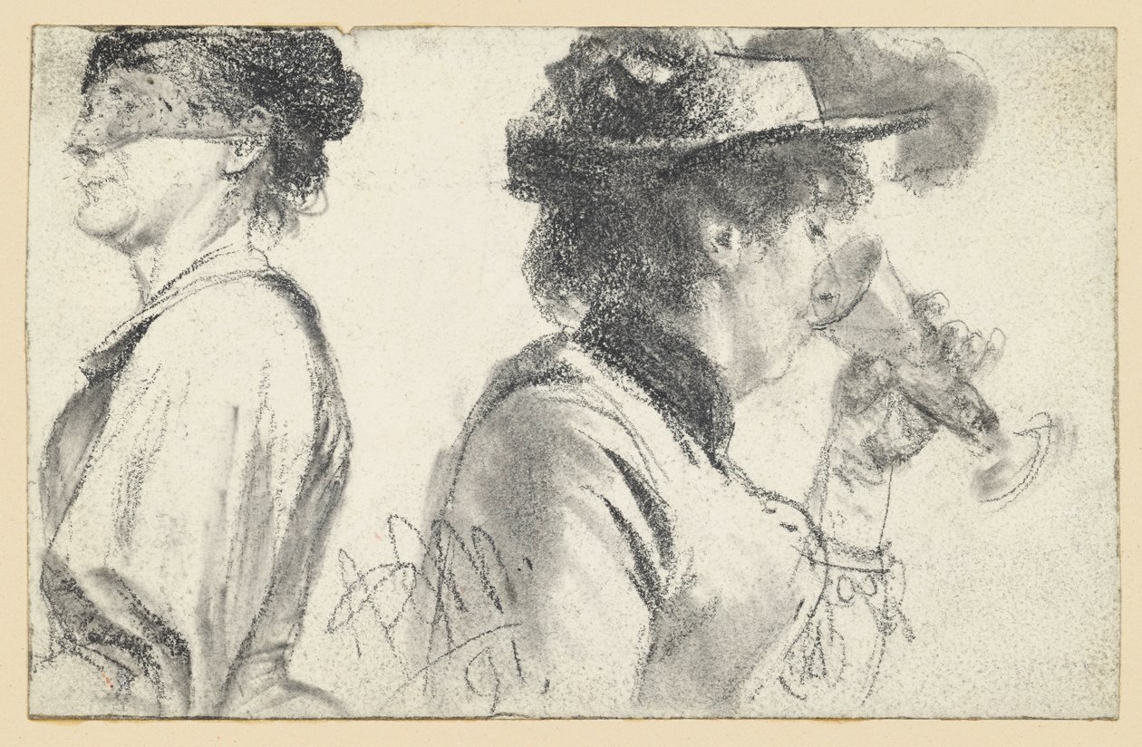 Retrato de meio corpo de uma senhora com véu e de uma senhora com chapéu a beber de um copo de Adolph Menzel
