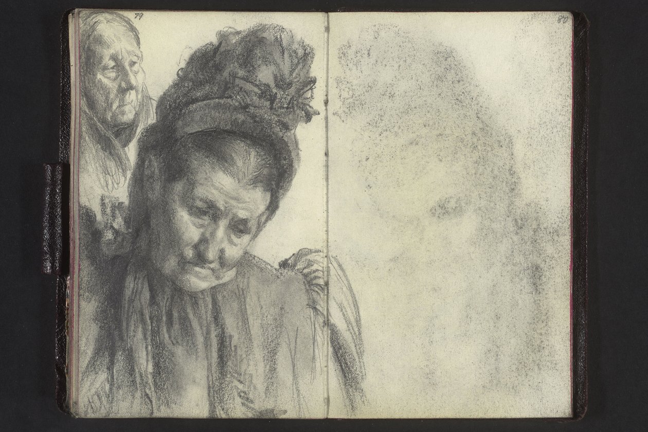 Retrato de busto de uma mulher idosa com chapéu, cabeça de mulher com lenço de Adolph Menzel