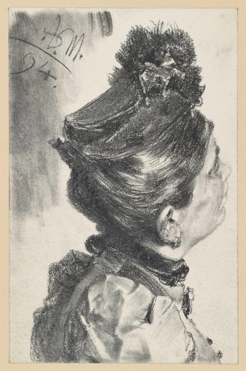 Retrato de busto de uma senhora de chapéu a olhar para cima, virada para a direita de Adolph Menzel