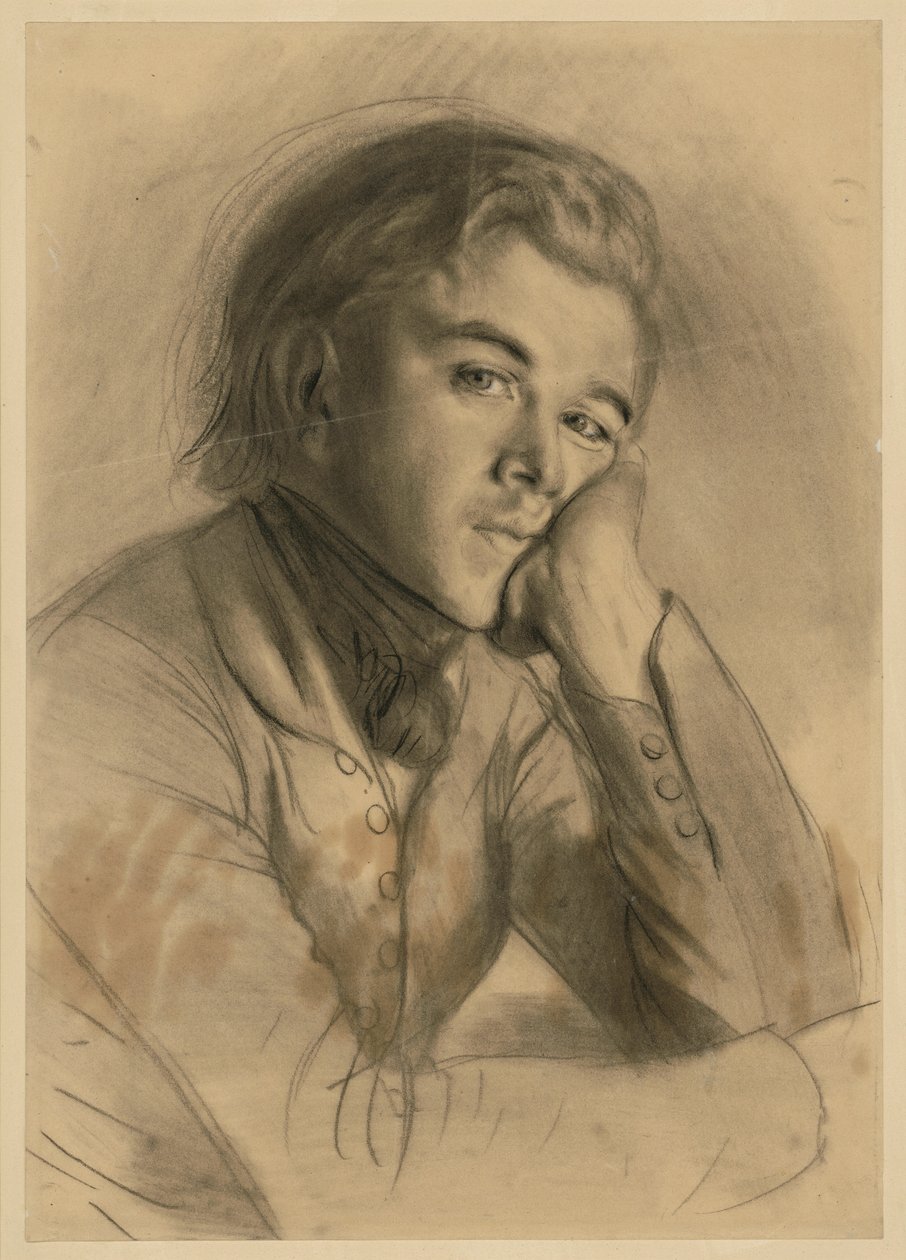 Retrato de meio corpo de um rapaz virado para a direita, com a cabeça apoiada na mão esquerda, provavelmente Carl Johann Arnold, cf. SZ Menzel n.º 1723 de Adolph Menzel