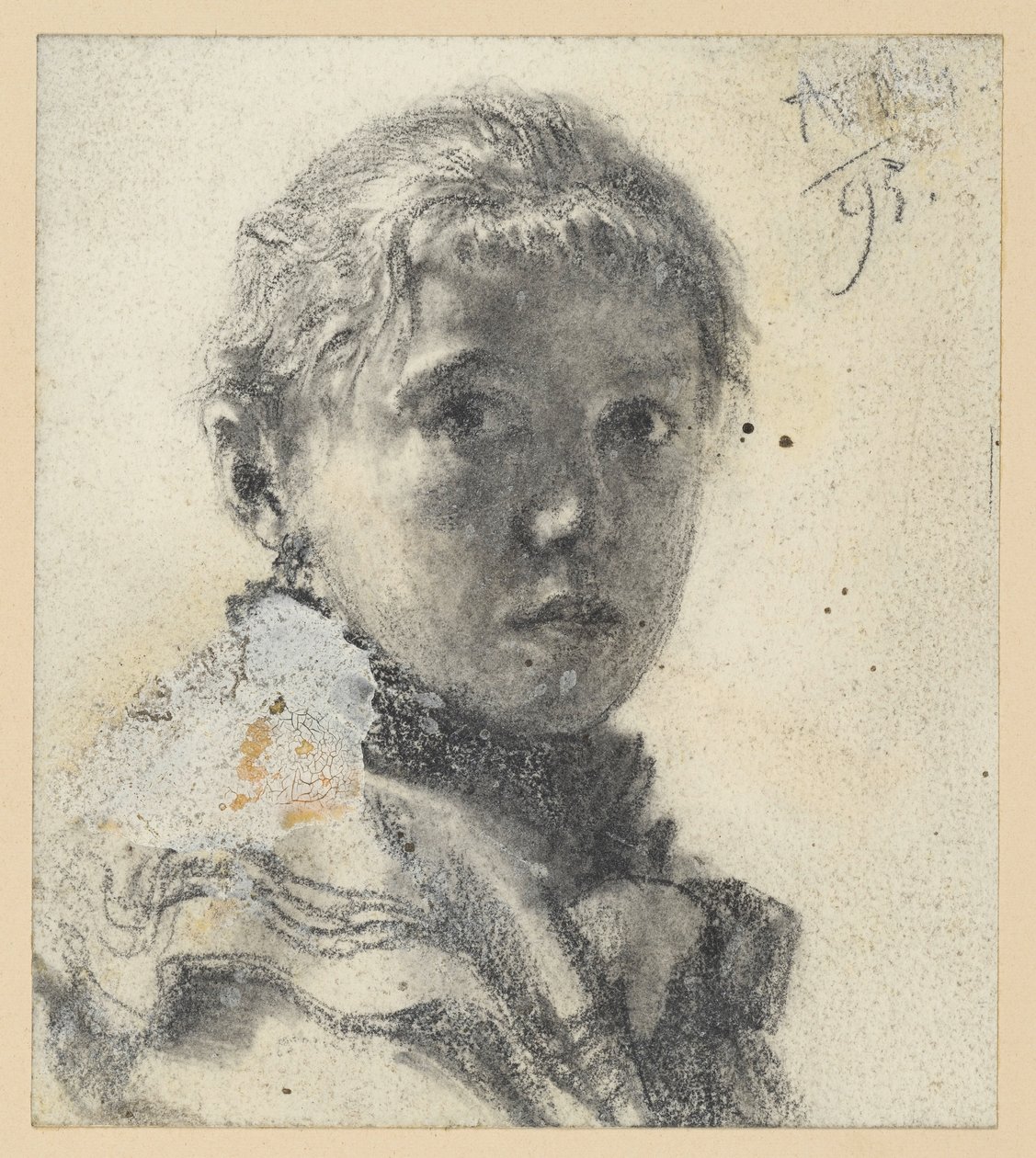 Retrato de busto de uma rapariga voltada para a direita, com a cabeça virada para o observador de Adolph Menzel
