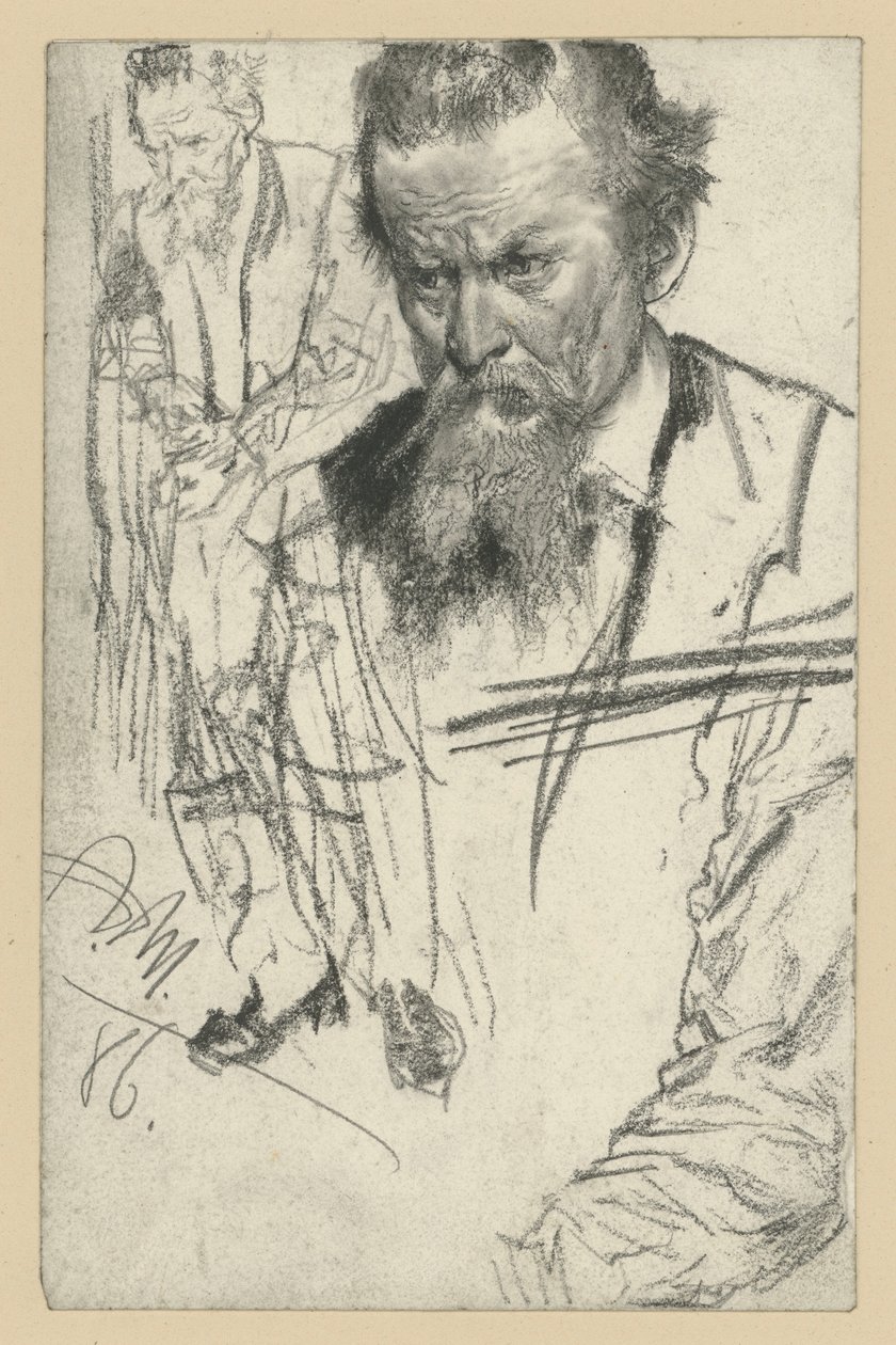 Busto de um homem com bigode em guiador, ligeiramente inclinado para a esquerda, à esquerda: um homem de pé voltado para a esquerda, à direita: estudo de uma manga de Adolph Menzel