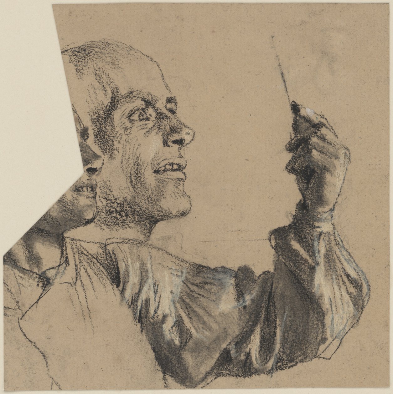 Busto de um homem com cabelo ralo, perfil do rosto e braço esquerdo. Estudo de um rosto de Adolph Menzel