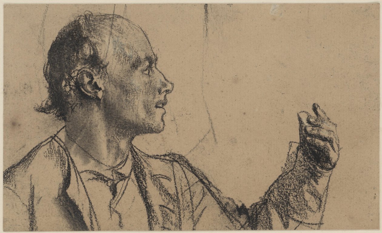 Retrato de meio corpo de um homem com cabelo ralo, com a mão esquerda levantada de Adolph Menzel
