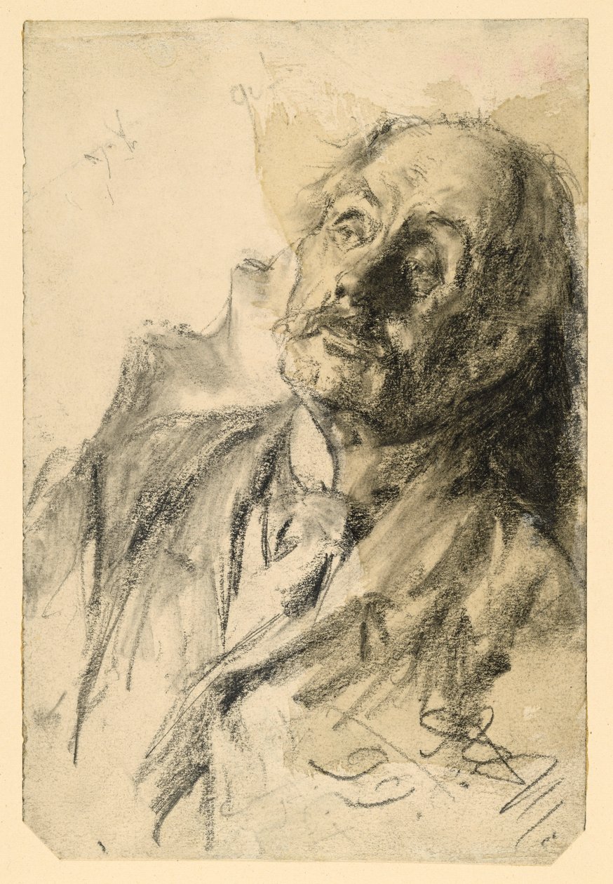Retrato de meio corpo de um homem mais velho com bigode, inclinado para a direita de Adolph Menzel