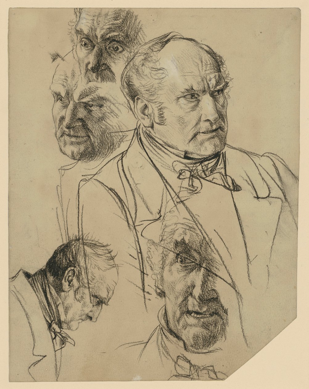 Retrato de meio corpo de um homem idoso virado para a direita, quatro estudos de cabeça de Adolph Menzel