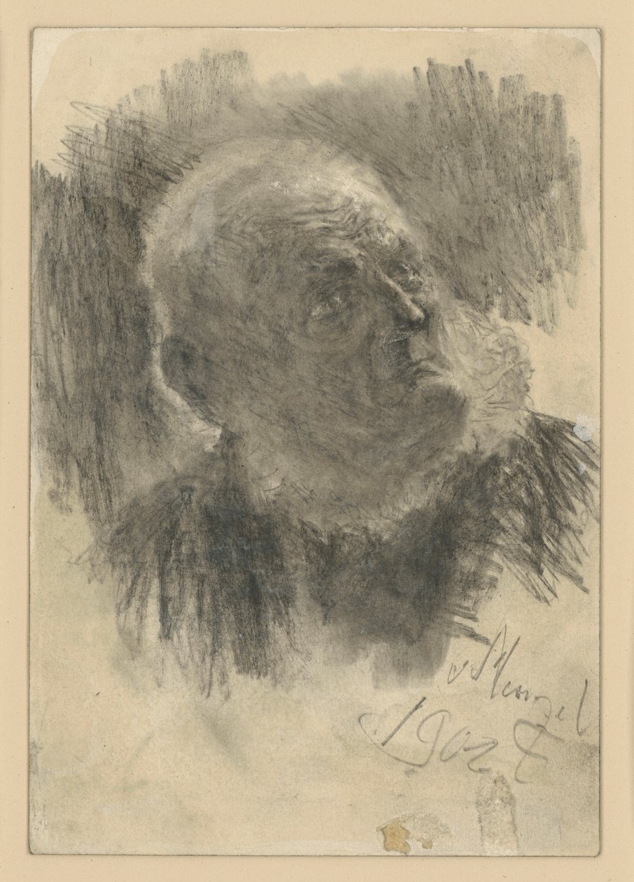 Retrato de busto de um homem idoso com boné de pedreiro, olhando para cima à direita de Adolph Menzel