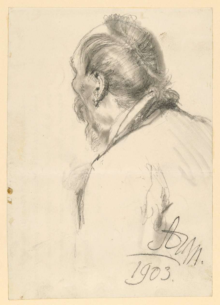 Retrato de busto de um homem barbudo voltado para a esquerda, meio visto de costas de Adolph Menzel