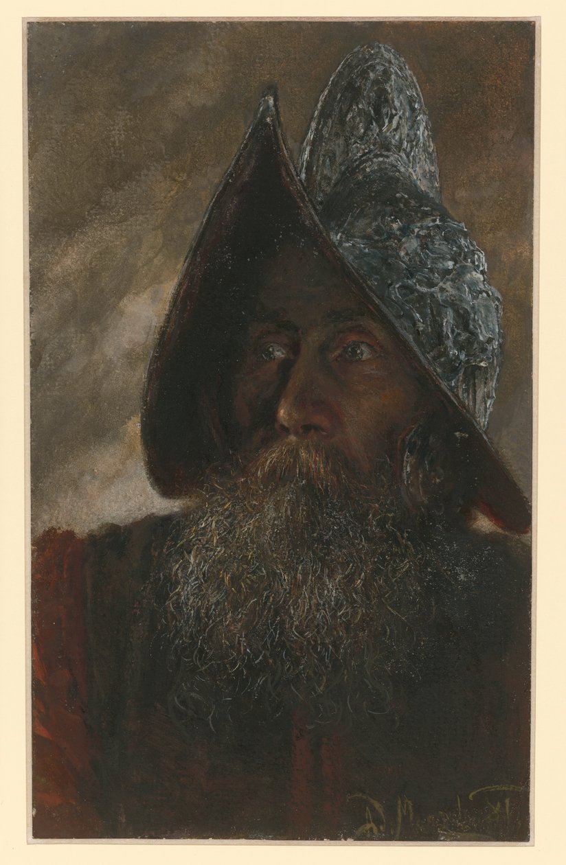 Busto de um soldado barbudo com capacete, ligeiramente virado para a esquerda de Adolph Menzel