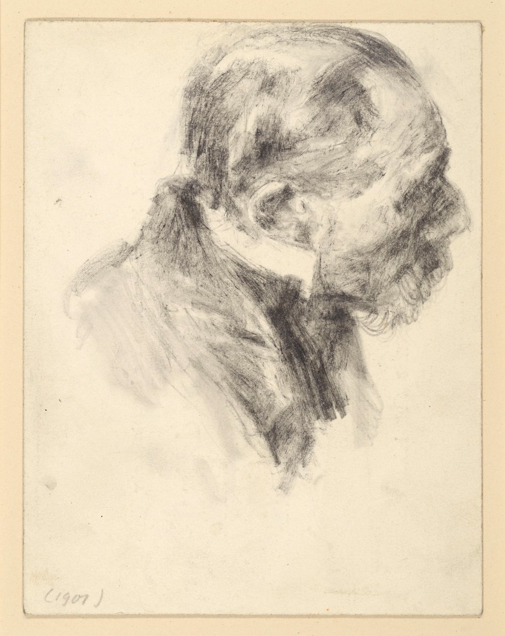 Retrato de busto de um homem idoso barbudo com colarinho alto, inclinado para a frente, voltado para a direita de Adolph Menzel