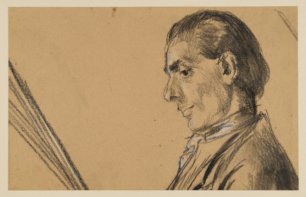 Retrato de meio corpo de um jovem com o olhar baixado. Perfil para a esquerda. Esboço preparatório para o quadro «Concerto de flauta de Frederico, o Grande, em Sanssouci» de Adolph Menzel