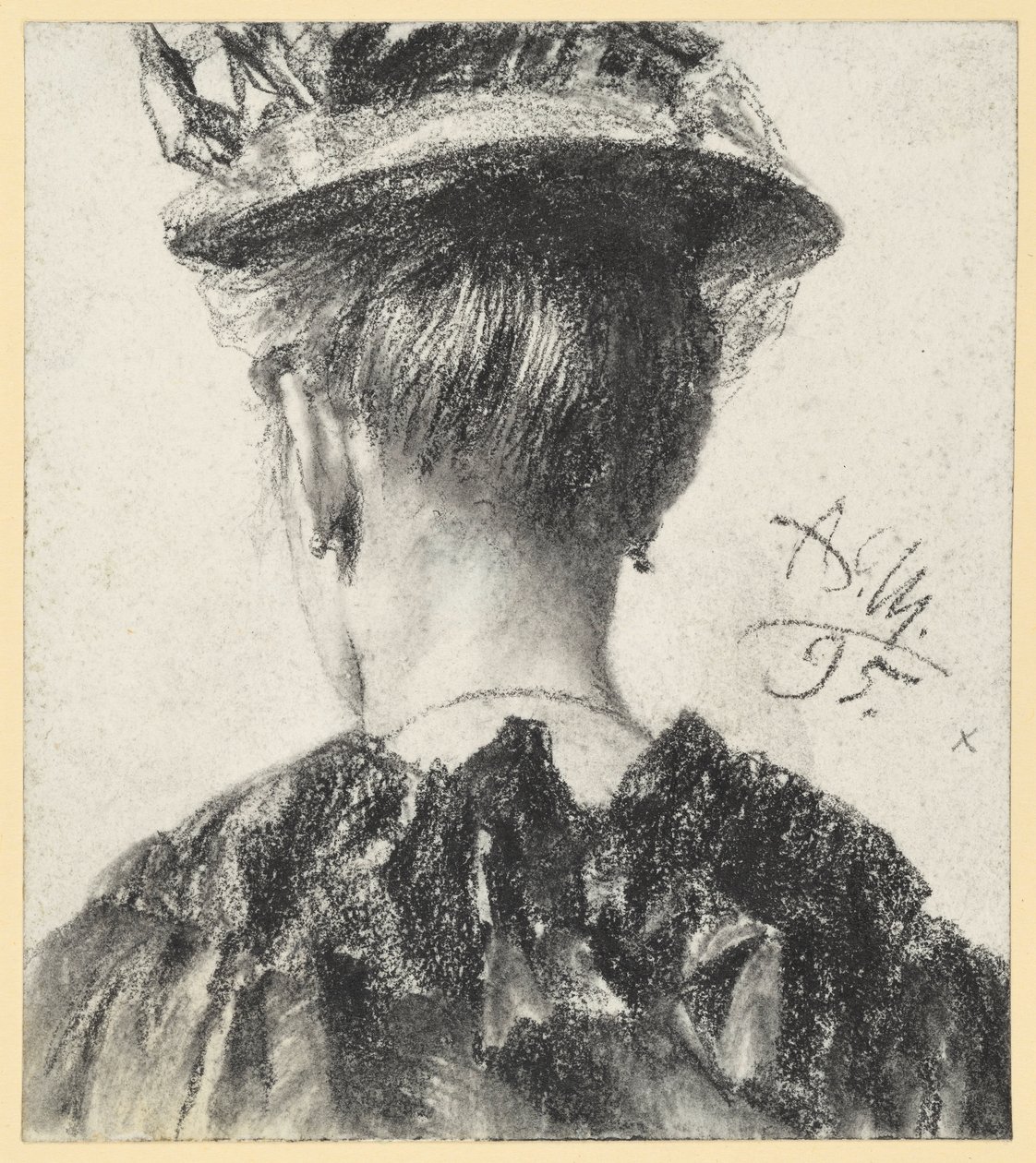 Busto de uma mulher com chapéu, visto de costas de Adolph Menzel