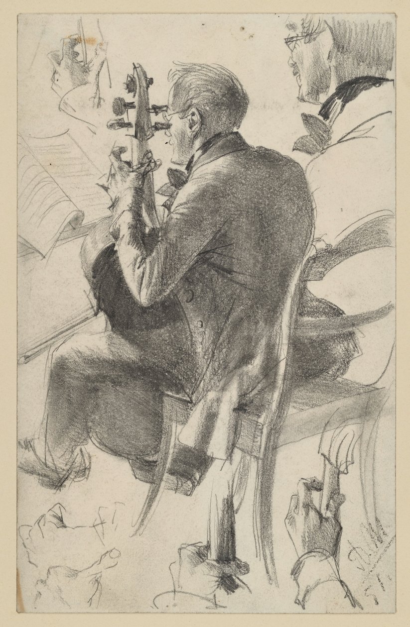 Violoncelo virado para a esquerda, visto meio de costas. Estudos de cabeça e mãos. Estudo preparatório para a pintura «Concerto de flauta de Frederico, o Grande, em Sanssouci» de Adolph Menzel