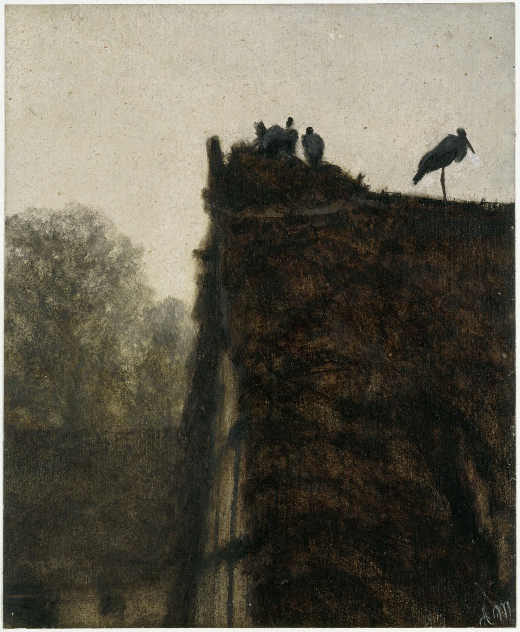 O ninho da cegonha no telhado de colmo. Do «Álbum das Crianças» de Adolph Menzel