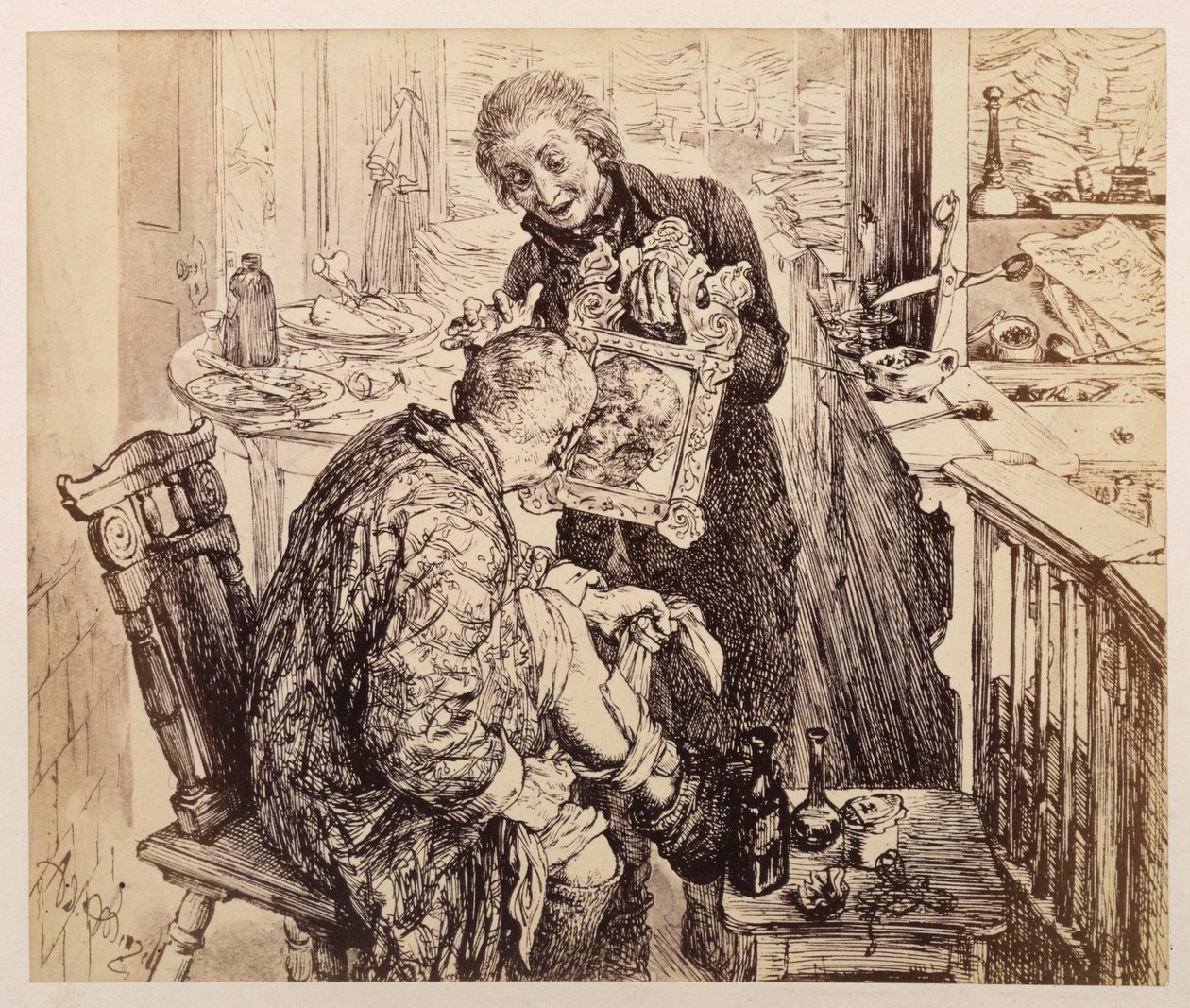 O escrivão Licht encontra o juiz da aldeia Adam a enfaixar a perna. Adam contempla, no espelho que Licht lhe segura, o seu rosto desfigurado, segundo a obra de Heinrich von Kleist «O jarro partido» de Adolph Menzel
