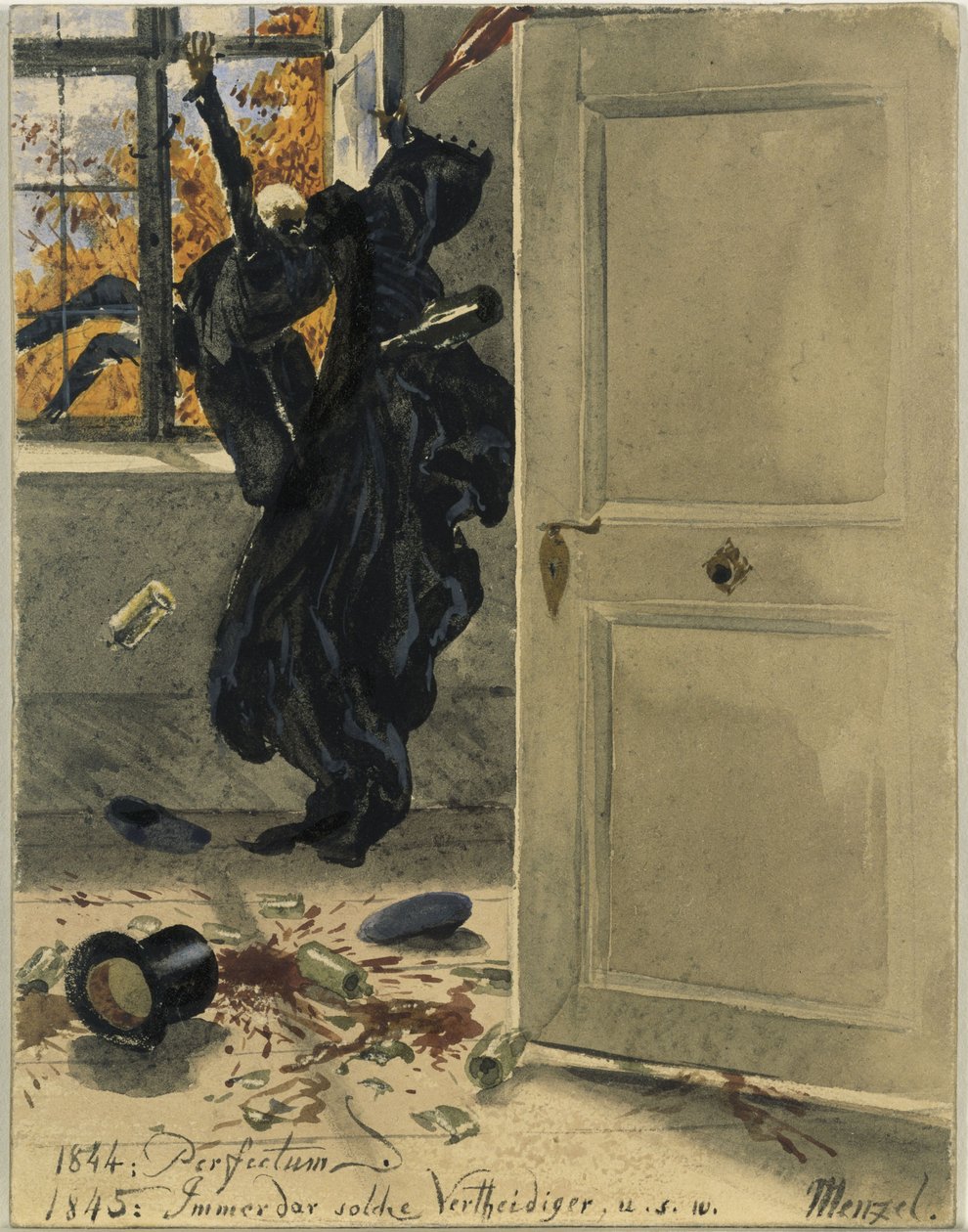 A morte como convidado indesejado. 1844: «Perfectum»; 1845: «Sempre tais defensores», etc. de Adolph Menzel