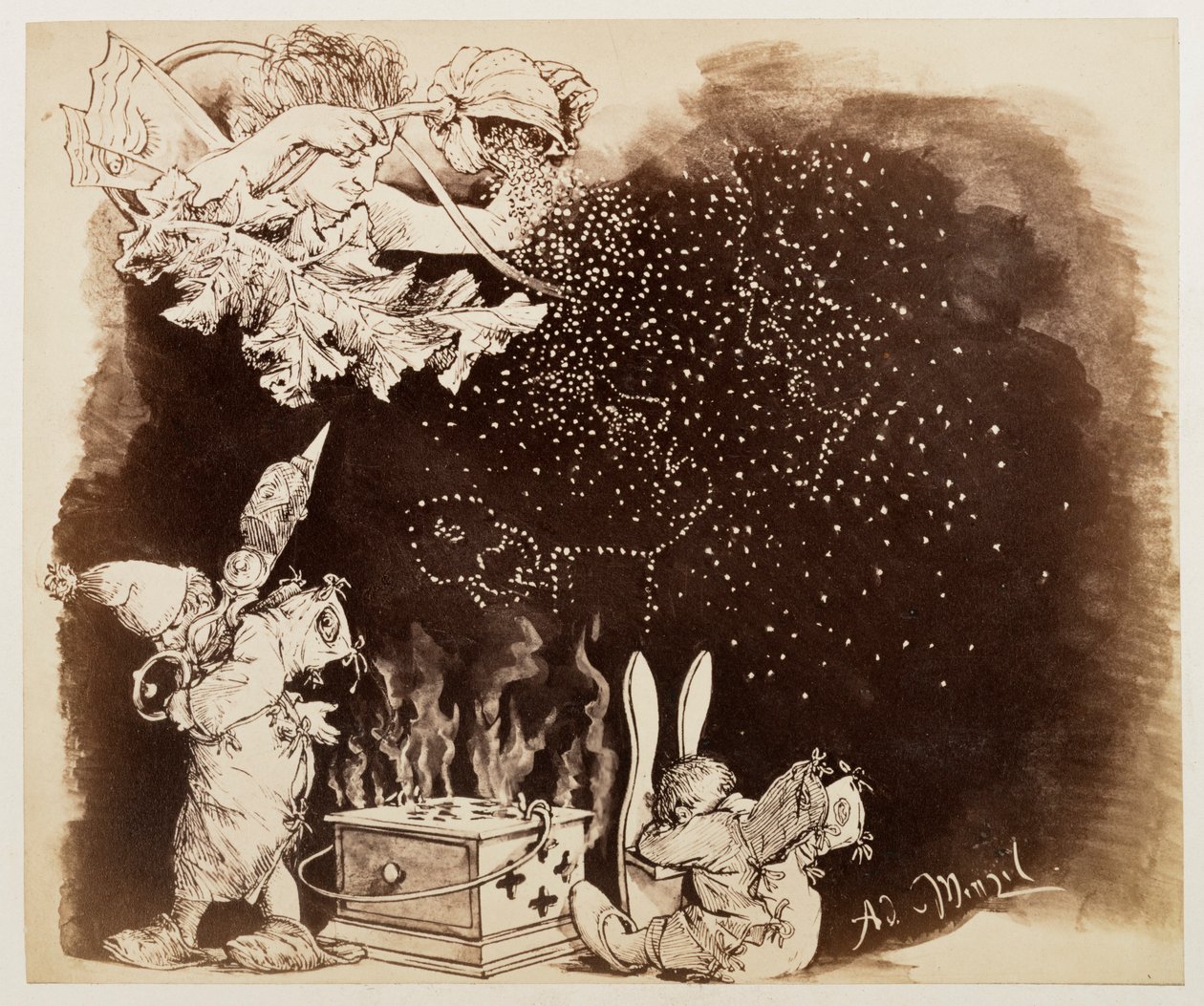 O Deus dos Sonhos espalha sementes de papoila, inspirado em «O jarro partido», de Heinrich von Kleist de Adolph Menzel