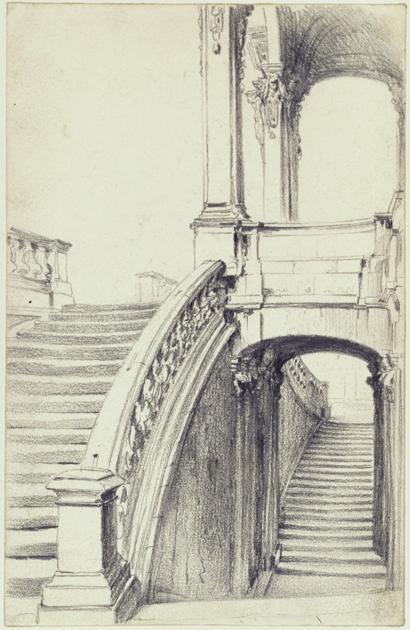 A escadaria superior do Pavilhão da Muralha no Zwinger, em Dresden de Adolph Menzel