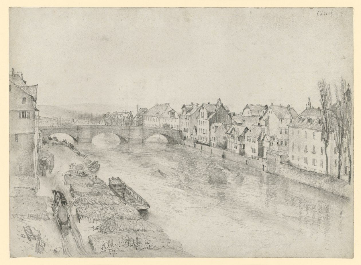 O rio Fulda, em Kassel. Paisagem fluvial com ponte e casas de Adolph Menzel