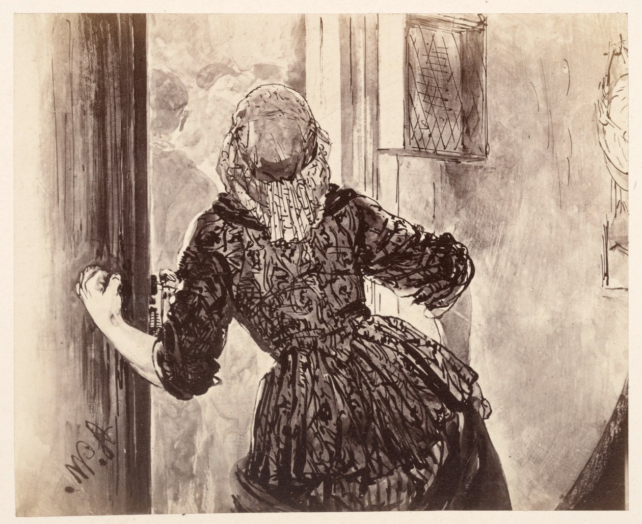 A criada entra ao som do sino de Adam; vista de costas, com a porta à sua direita e a mão direita na maçaneta, inspirada em «O jarro partido», de Heinrich von Kleist de Adolph Menzel