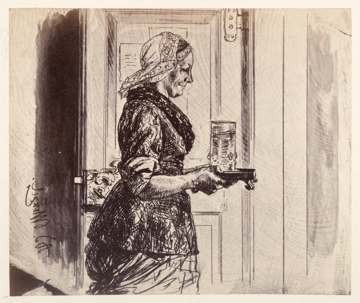A criada entra na sala do tribunal com o copo de água que Adão lhe pediu, na peça de Heinrich von Kleist «O jarro partido» de Adolph Menzel