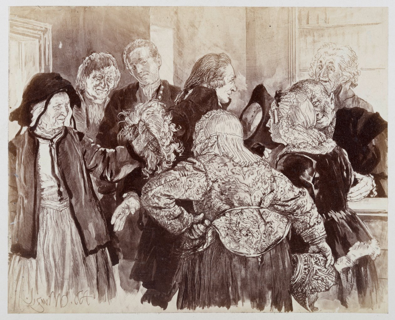 A velha Brigitte com a peruca na sala do tribunal. Licht, de chapéu na mão, abre caminho entre as partes para apresentar a velha ao conselheiro judicial, para "O cântaro quebrado" de Heinrich von Kleist de Adolph Menzel