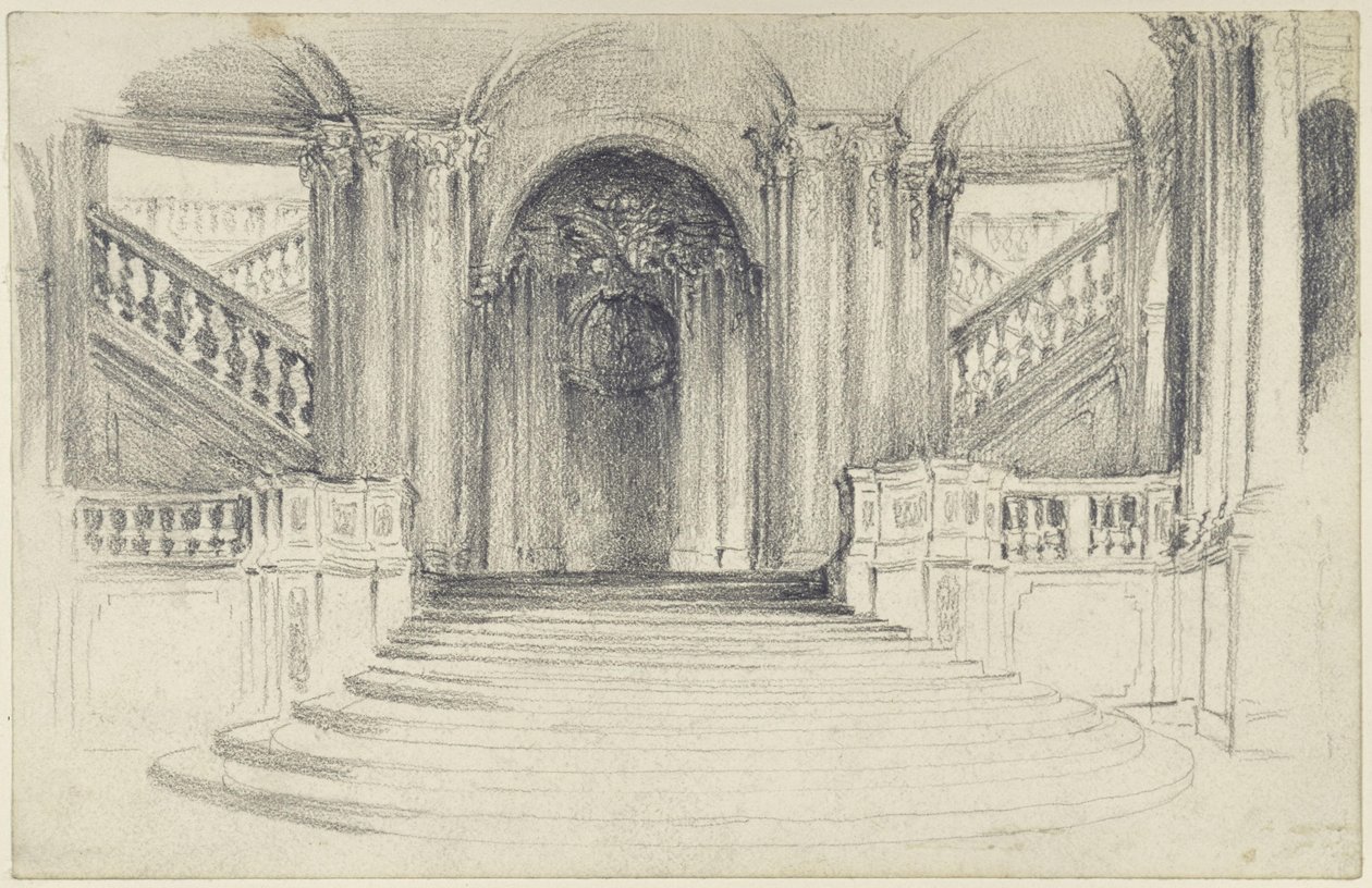A escadaria virada para o pátio do Pavilhão da Muralha, no Zwinger, em Dresden de Adolph Menzel