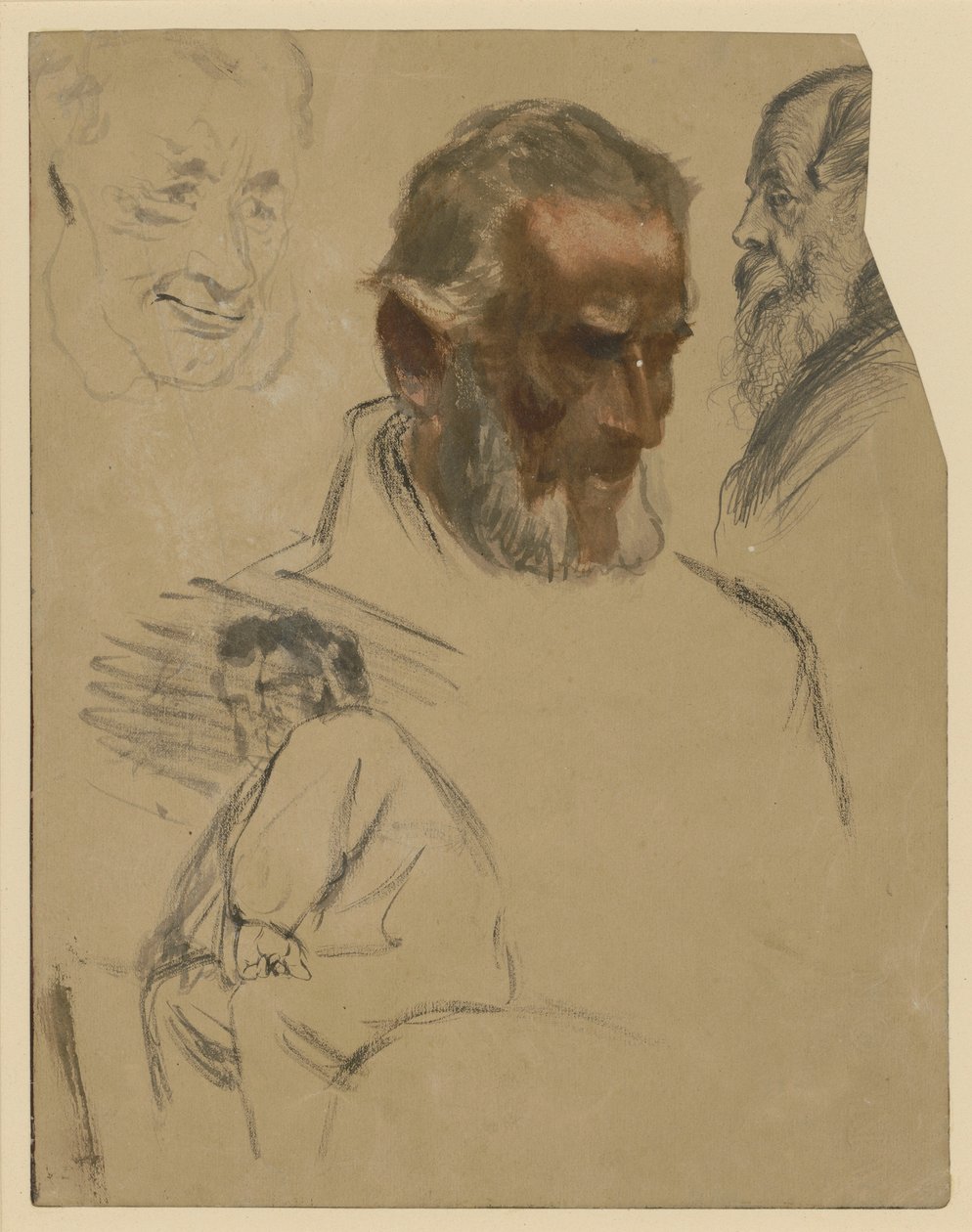 Três estudos de cabeças barbadas e estudo de meio-corpo de um homem sentado voltado para a esquerda de Adolph Menzel