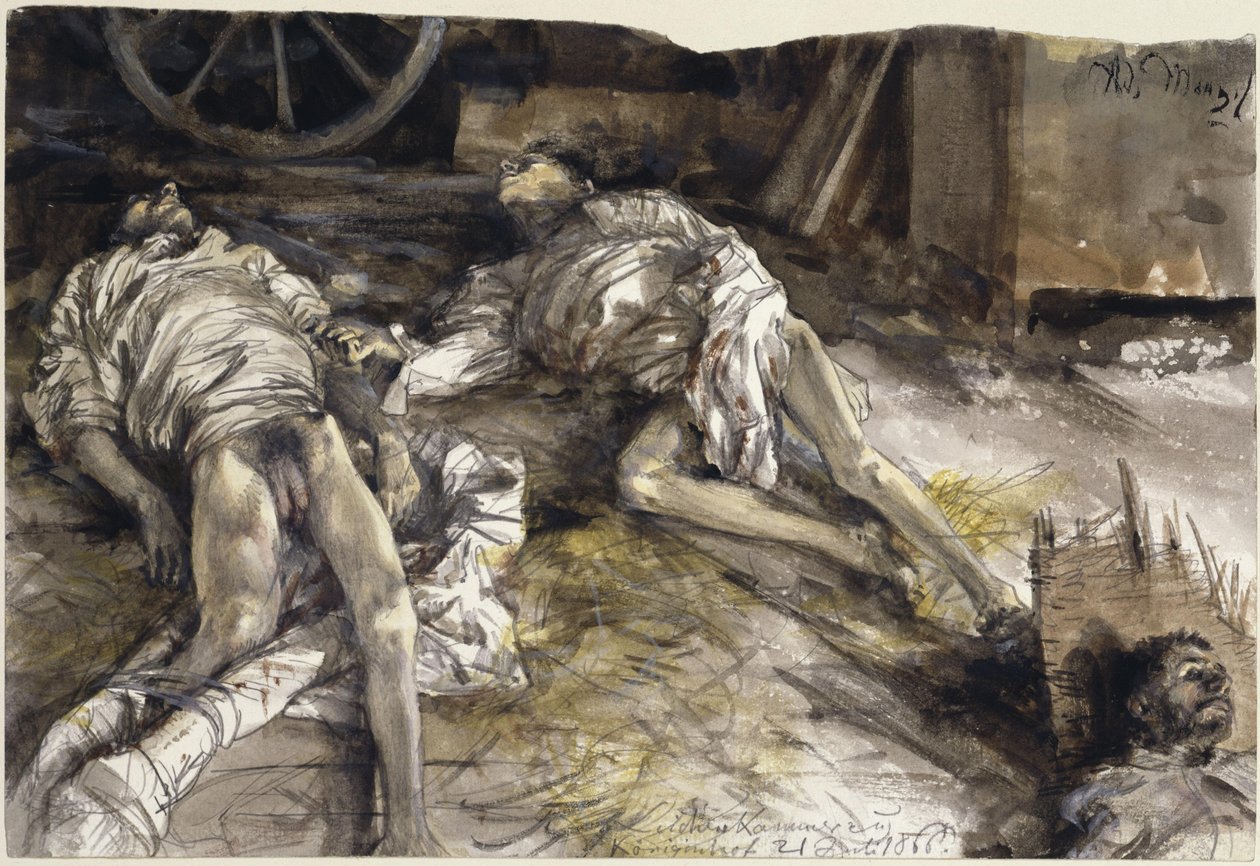 Três soldados caídos num celeiro - câmara mortuária em Königinhof de Adolph Menzel