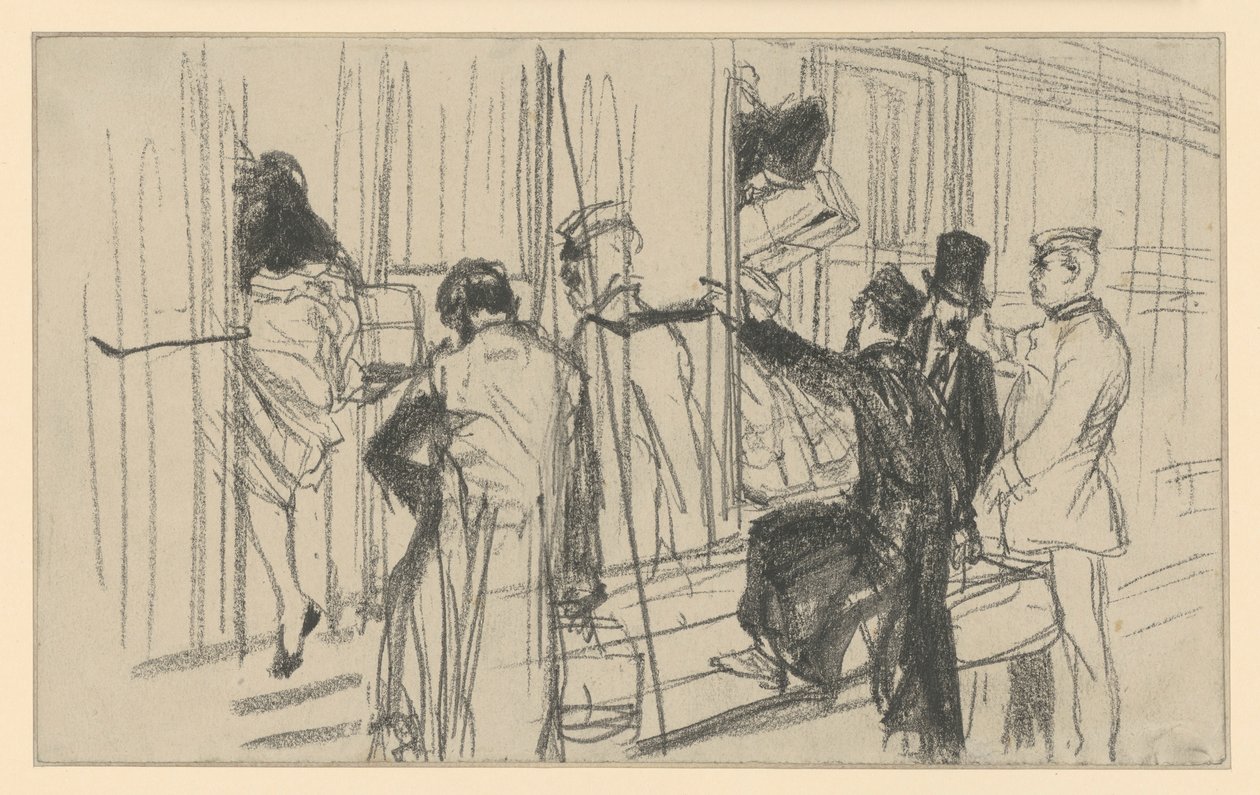 Passageiros de comboio a entrar e revisor. Cena de cais de Adolph Menzel
