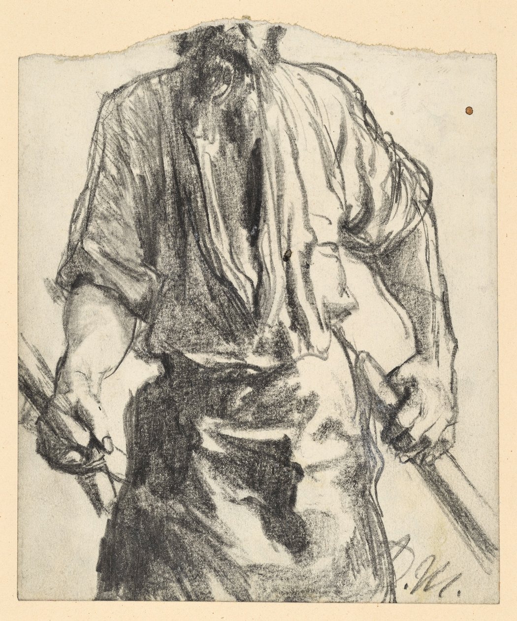 Trabalhador siderúrgico com avental de pele e pedaços de madeira nas mãos. Estudo para a obra «Laminadora de ferro. Ciclopes modernos» de Adolph Menzel